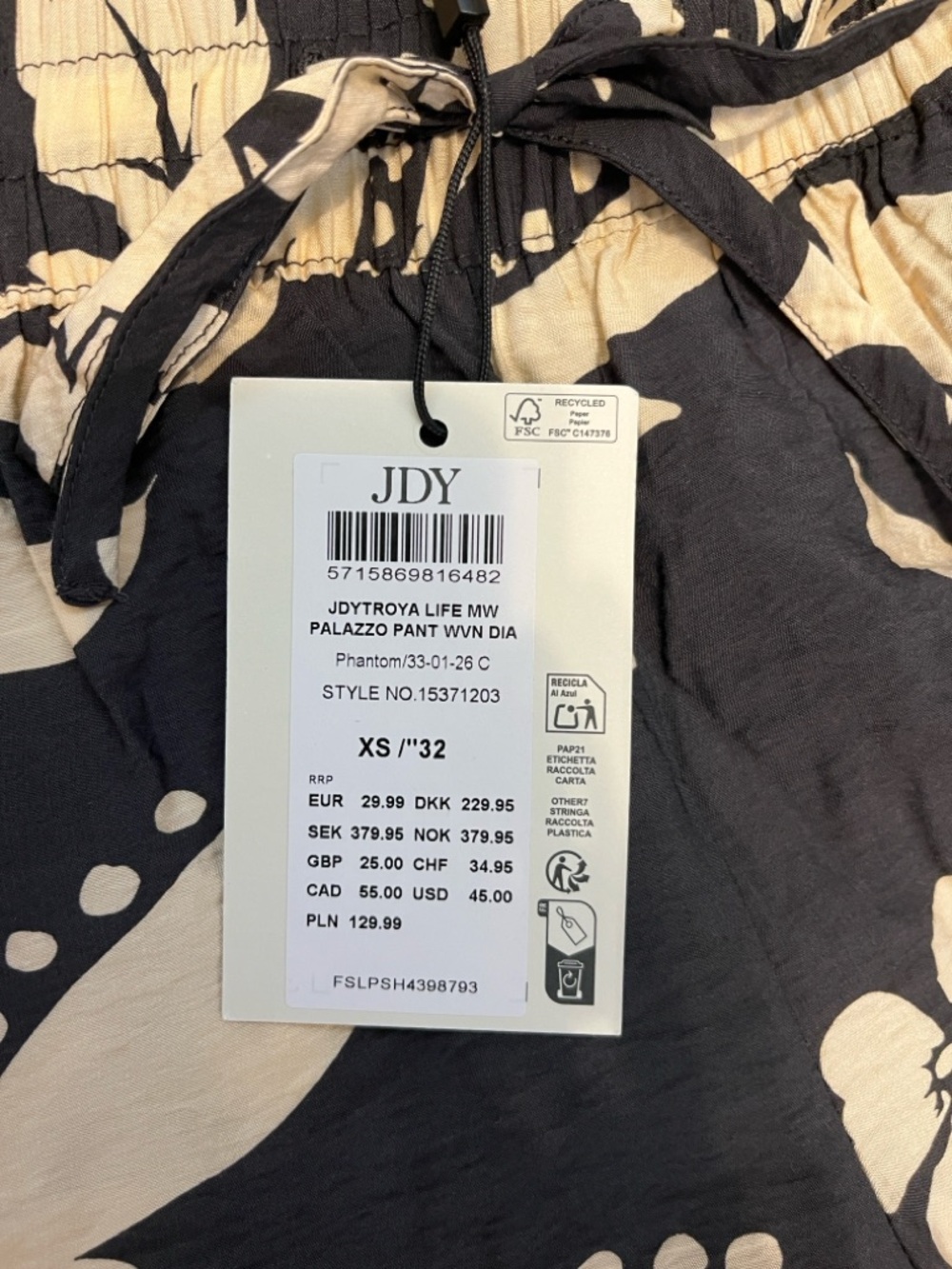 Jacqueline De Yong Floral Wide Leg Palazzo Pants Black & Cream XS Drawstring NWT - Picture 9 of 16
